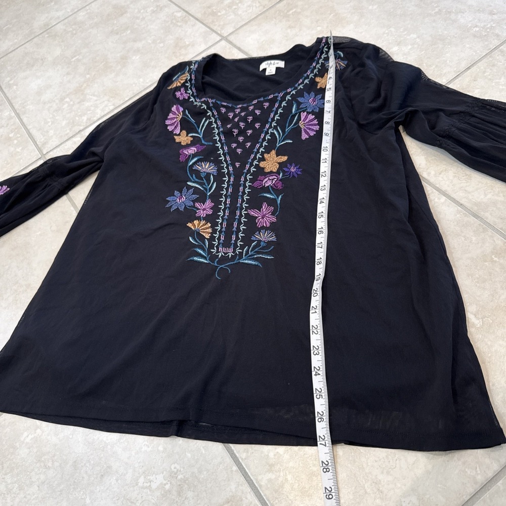 Style Co Black Mesh Embroidered Floral Peplum Top Sz XL Long Sheer Lined Boho - Picture 6 of 11